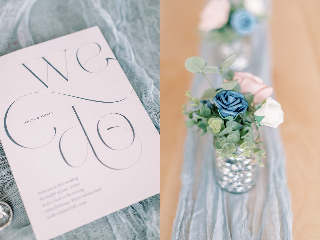 'We Do' wedding invitations and blush and dusty blue