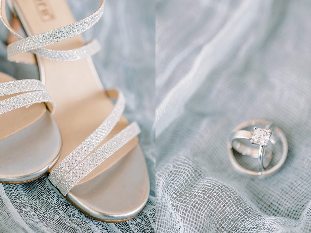 Silver strappy wedding heels and solitaire wedding ring