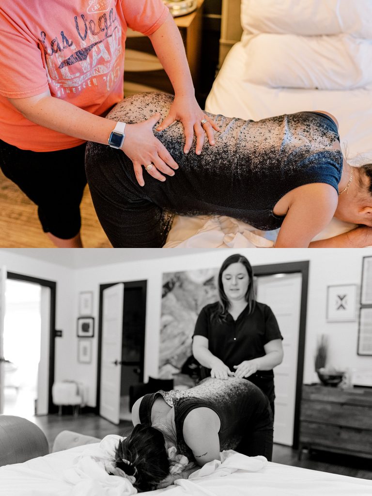Nurse pushing on pregnant woman's back to relieve labor pain