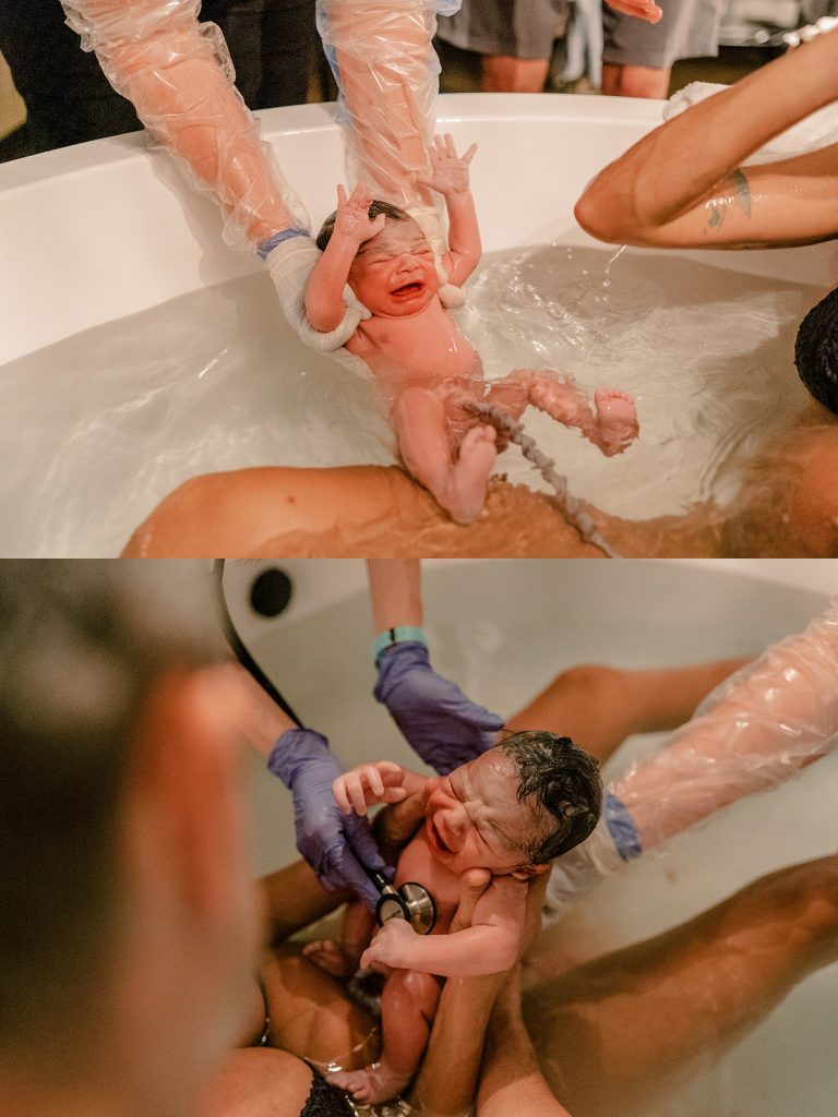Baby being assessed in bathtub after water delivery