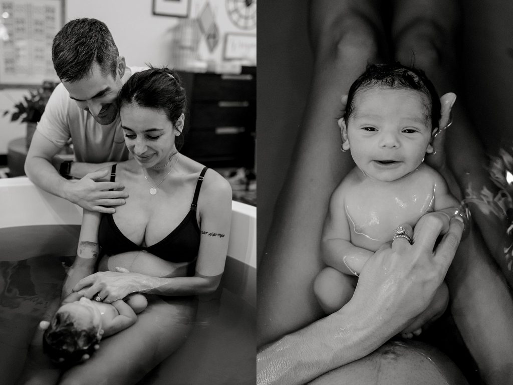 Baby being held in moms lap in bathtub after Origins water birth