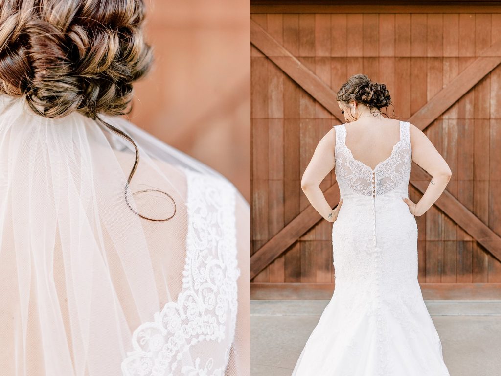 button up back lacy wedding gown and veil on bride