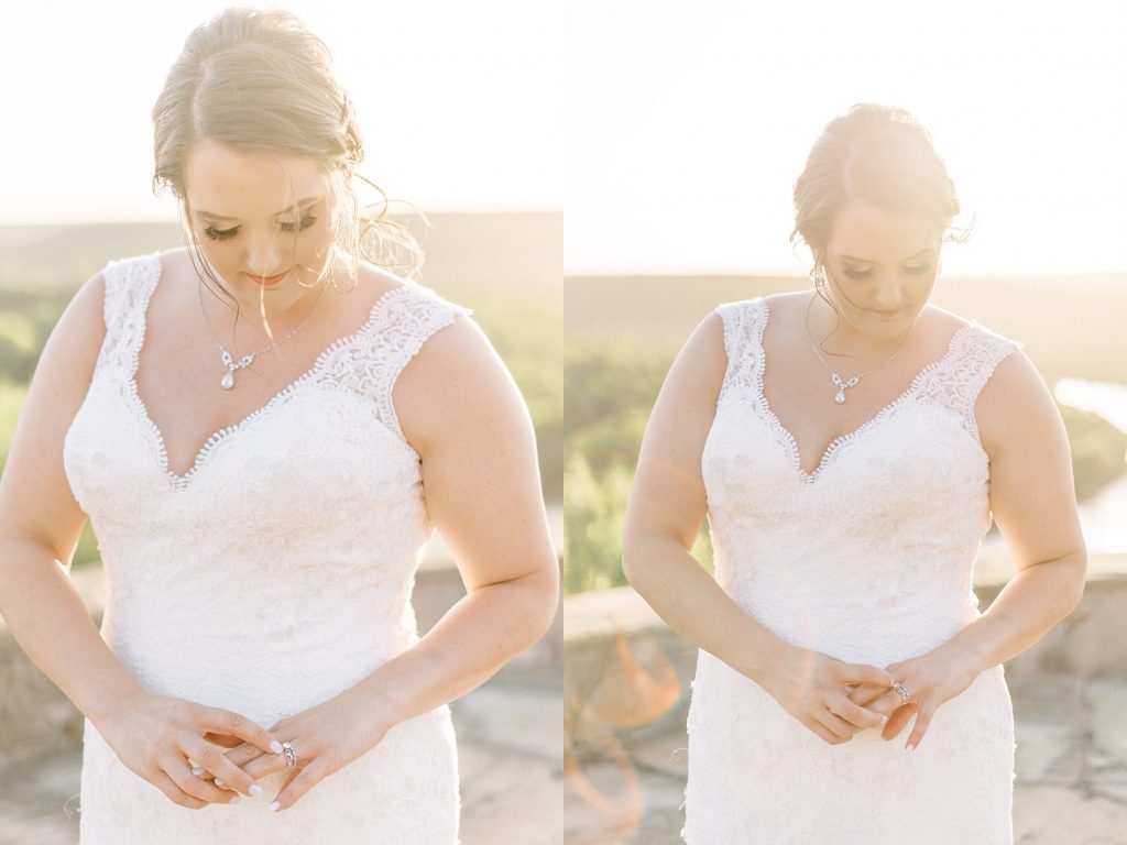 Bride playing with her ring in golden hour sunlight