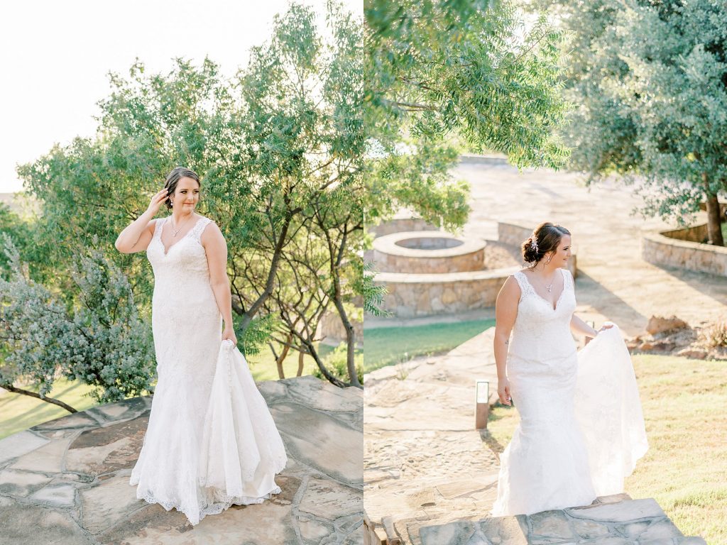 Bride walking up steps and posing under tree at Wildcatter Ranch