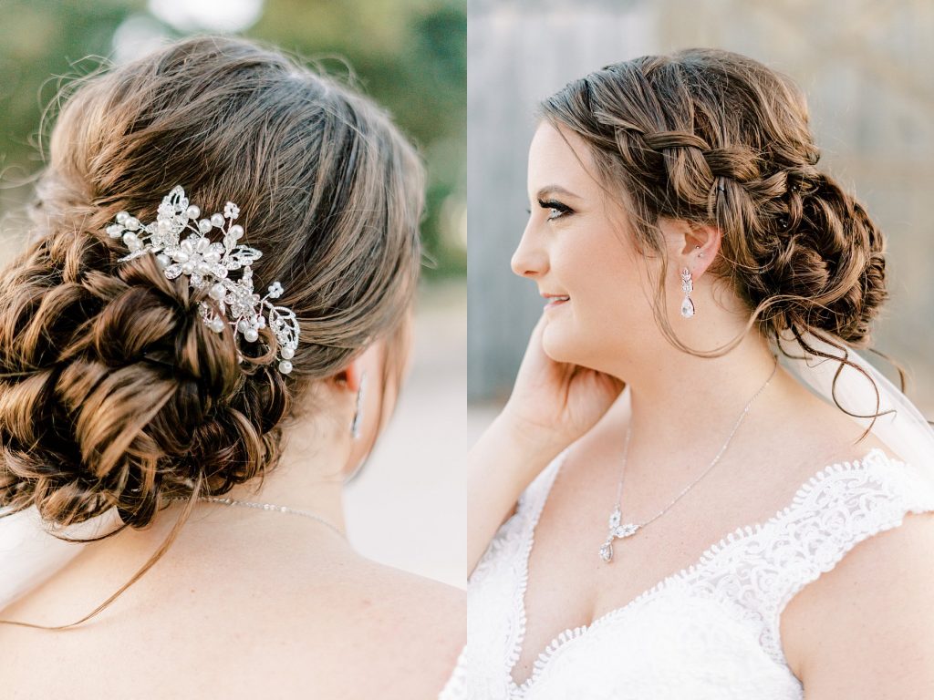 Beautiful braided bridal updo with crystal and pearl hairpin