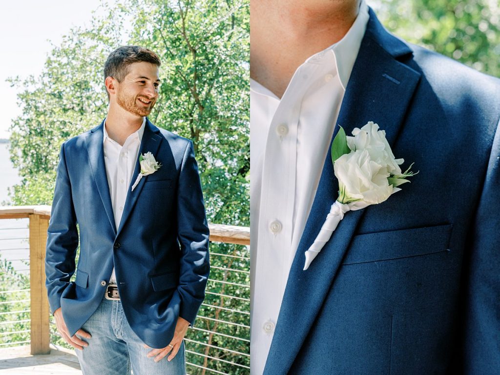 Groom in navy jacket and jeans for Lakeside DFW Texas elopement