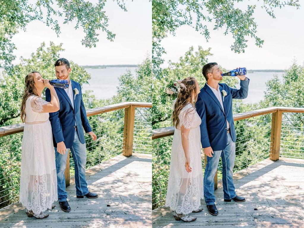 Bride and groom drink champagne out of bottle at Lakeside DFW elopement