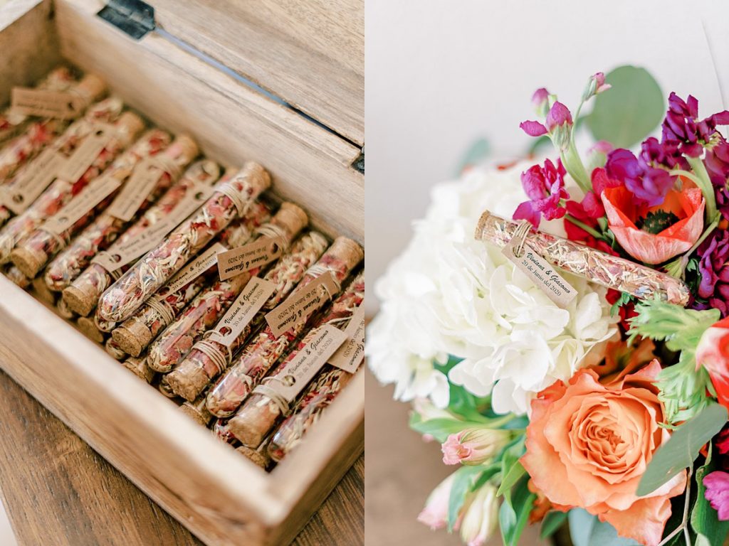 Organic confetti parti favors and wedding bouquet