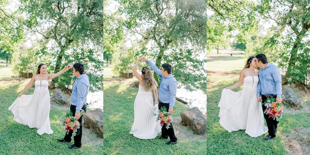 Bride and groom dancing outside for Lake Granbury elopement in Texas