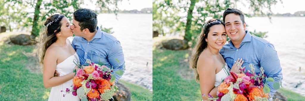 Bride and groom kissing and smiling at Texas lakeside elopement