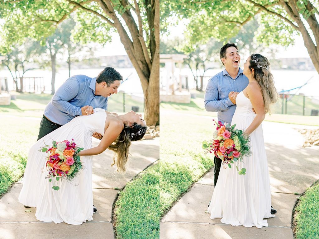 Groom dipping bride for kiss at a Lake Granbury Elopement in Texas