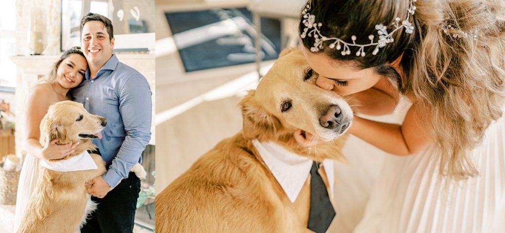 Bride and groom kissing and snuggling their dog in best dog outfit