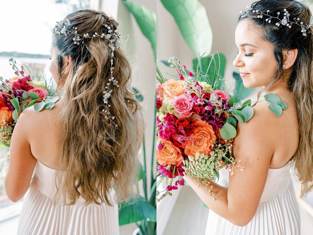 Bride in wedding hair with dainty floral wedding crown and pink and orange bridal bouquet for Lake Granbury elopement