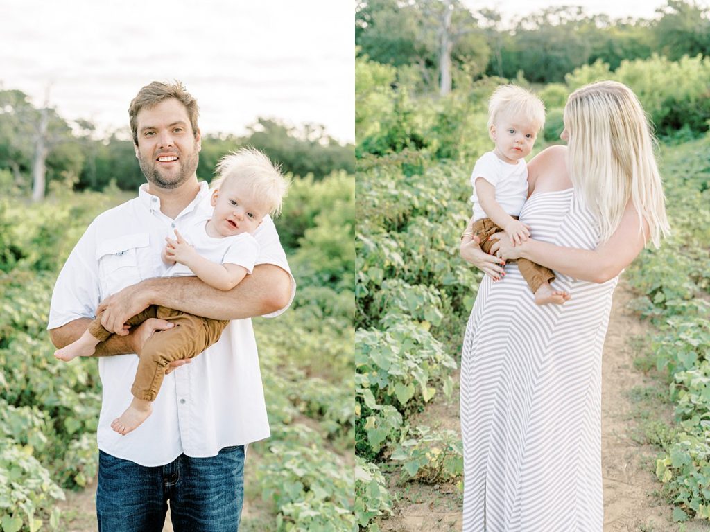Parents separately holding baby in field in Murrell Park summer family session
