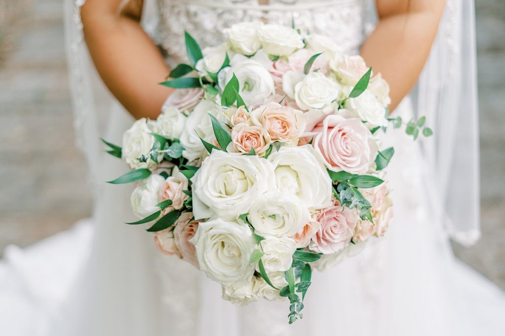 White, peach and pink bridal bouquet