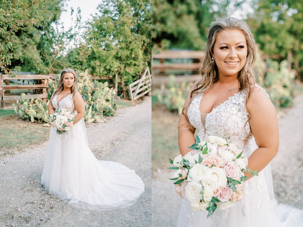 Bride standing near cacti plant holding bridal bouquet in Fort Worth Stockyards bridal session