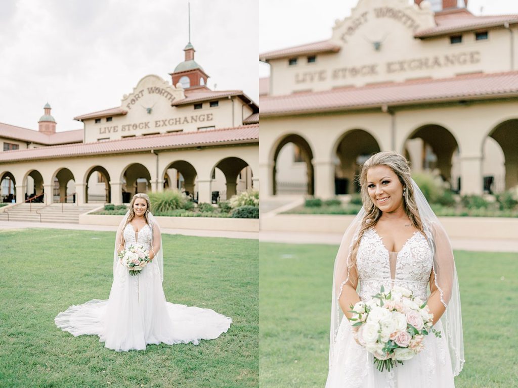 Bride standing in lawn outside Fort Worth Live Stock Exchange in Fort Worth Stockyards bridal session