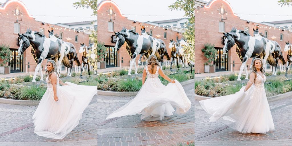 Bride dancing in square at Fort Worth Stockyards