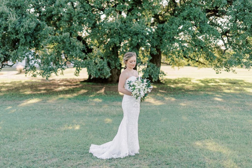 Bride standing in field under large tree