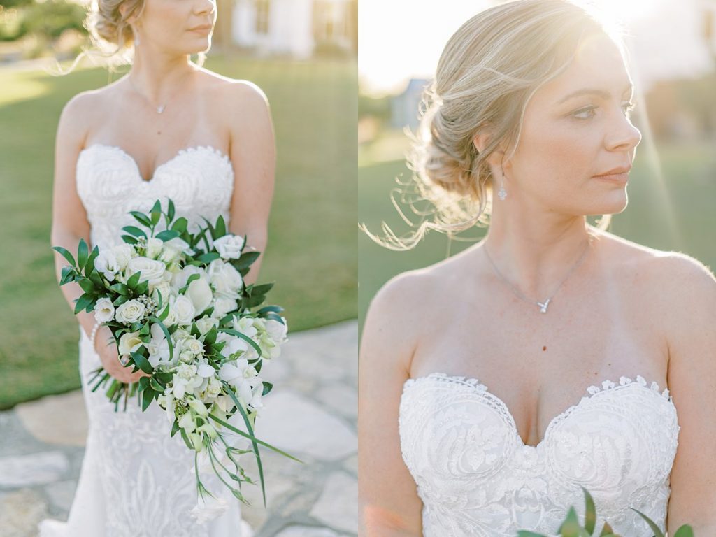 Bride standing in sunlight holding wedding bouquet in Texas bridal session