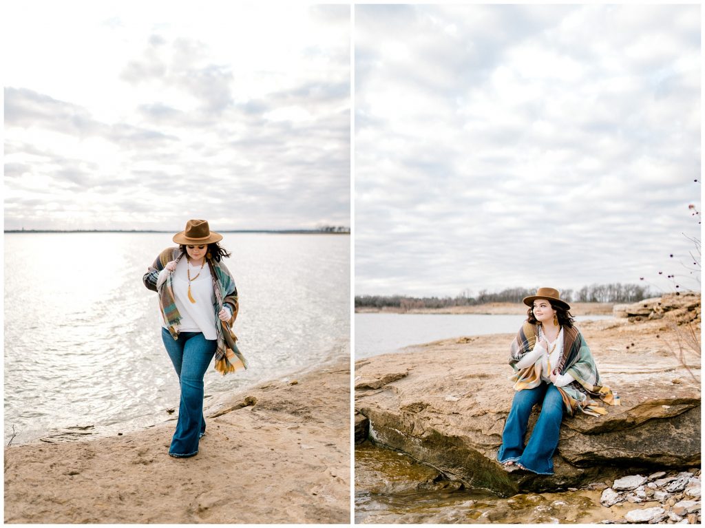 Girl walking along lake shore in Texas Birdeville High senior shoot 2020