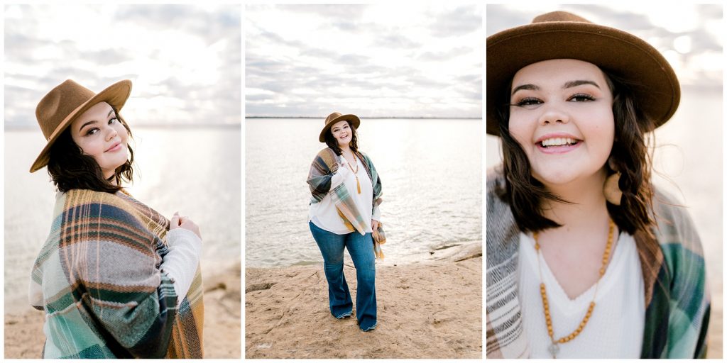 Girl laughing holding scarf next to lake Birdville High Senior Shoot 2020
