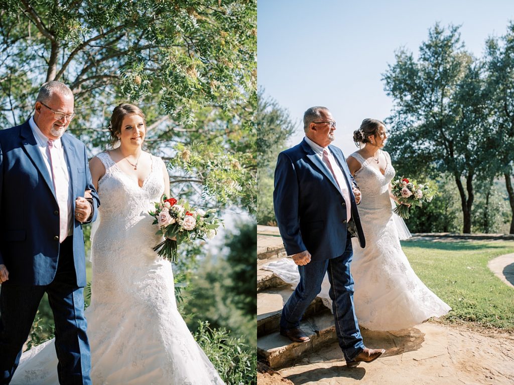 Bride walking down aisle with father at Wildcatter Ranch wedding