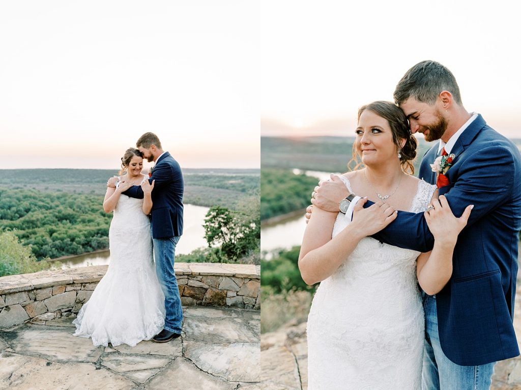Groom holding bride at sunset at Wildcatter Ranch wedding