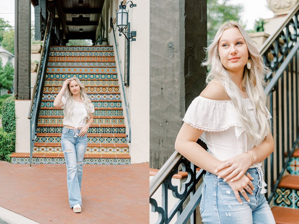 Girl standing on staircase in Texas senior session
