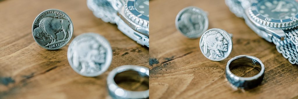 precious coin cufflinks laying with groom's ring