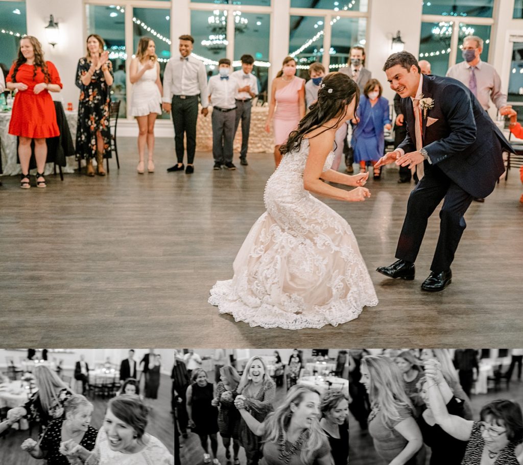 Bride and groom dancing with wedding guests