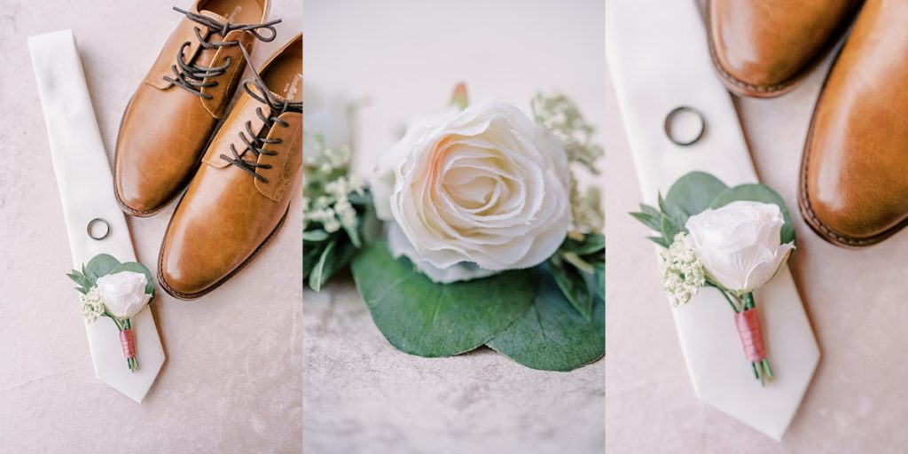 grooms details- tie, ring, shoes, wedding boutonnere