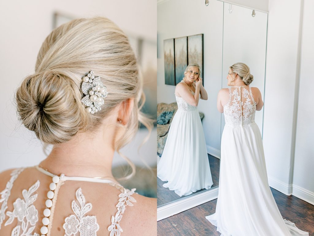 bride putting on earring in mirror, wedding hairpin