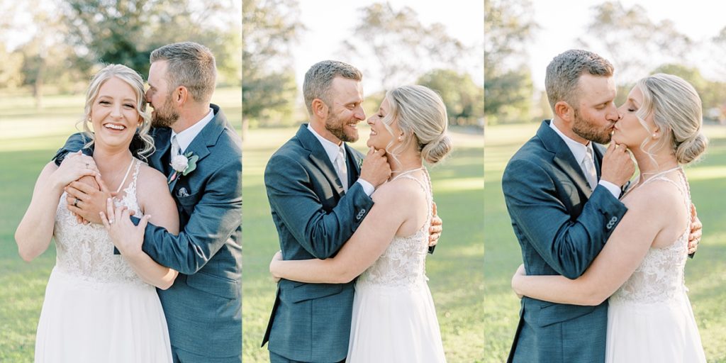 bride and groom kissing in portraits