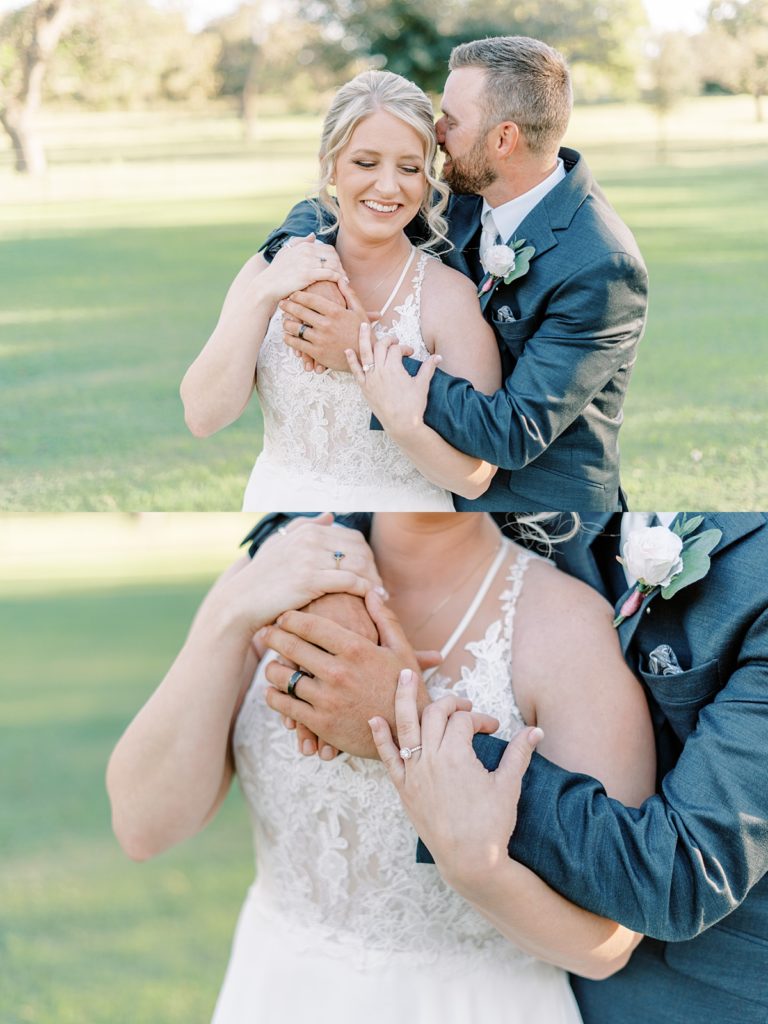 groom embracing bride from behind