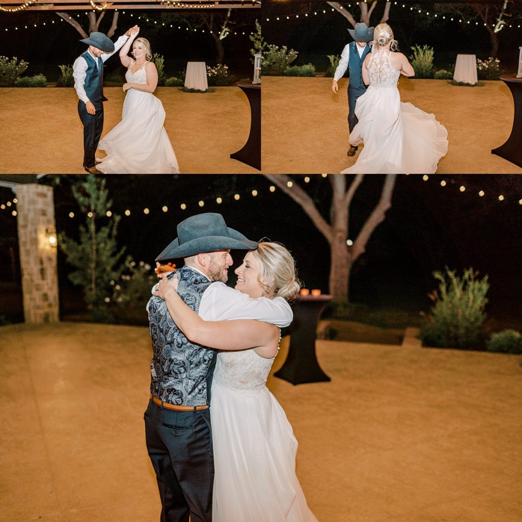 Couple dancing under string lights at wedding at the orchard wedding venue 