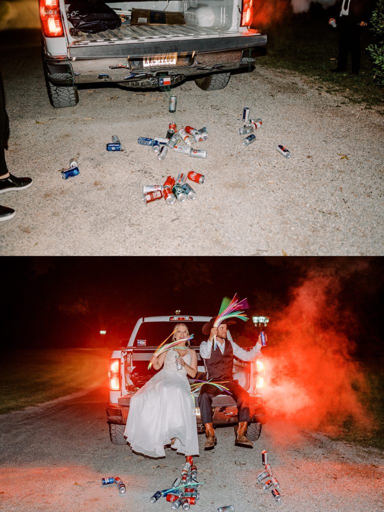 Husband and wife tailgating with glow-sticks at wedding