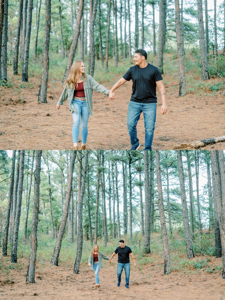 Couple walking hand in hand in woods in LBJ Grasslands