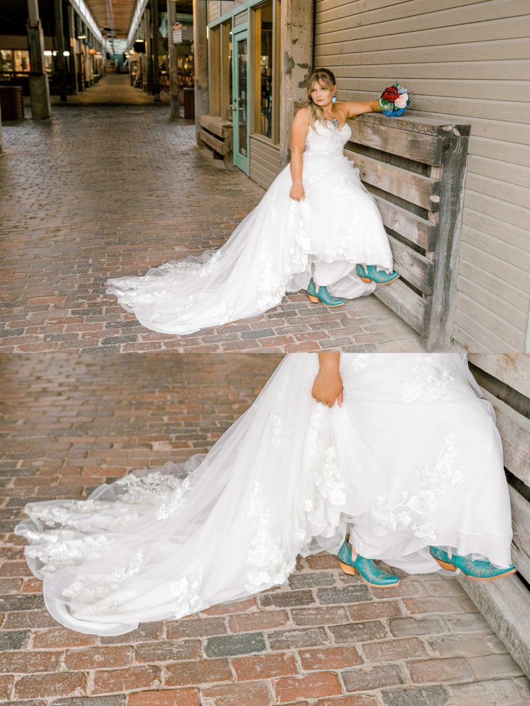 Bride showing off turquoise/teal cowboy boots