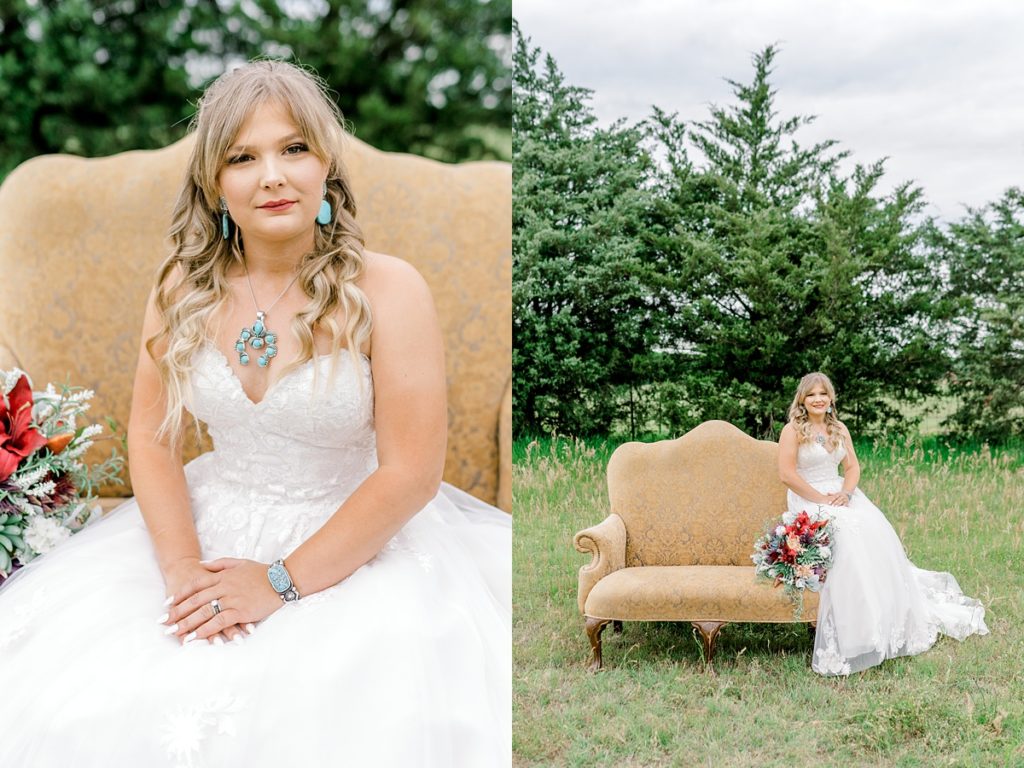 Bride sitting on gold vintage chair in field
