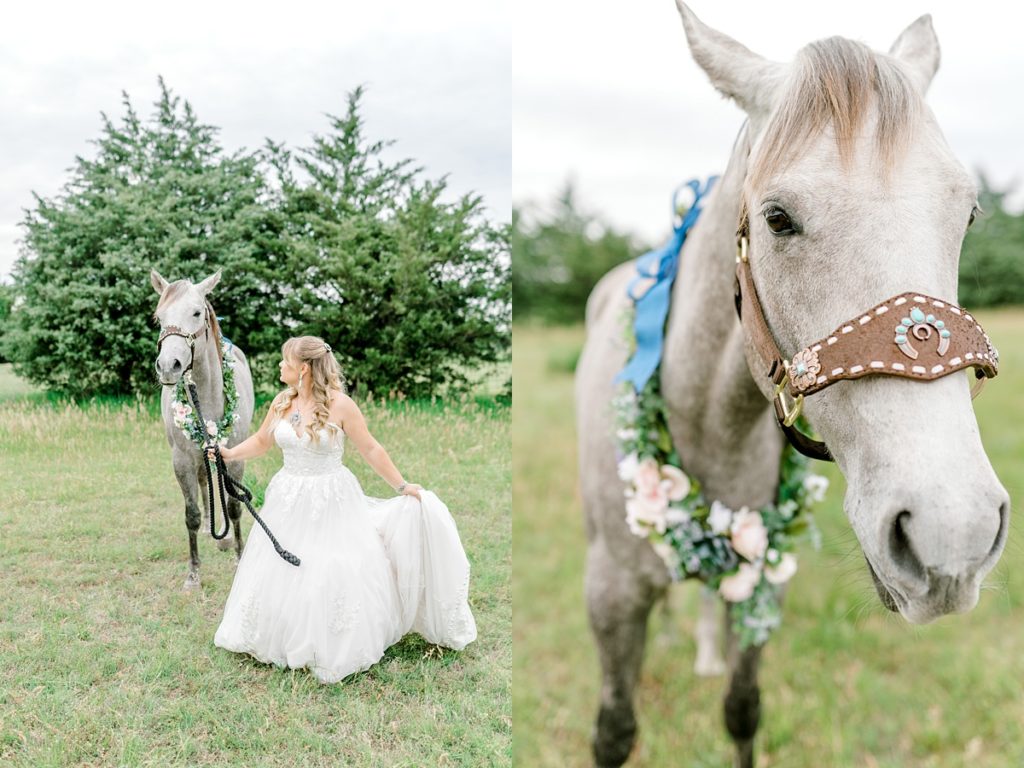 Bride walking horse in Fort Worth bridal session