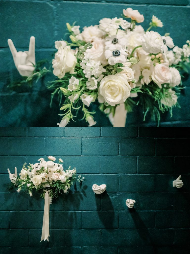 Bridal bouquet by Peonies Florals on wall at The Ostreum