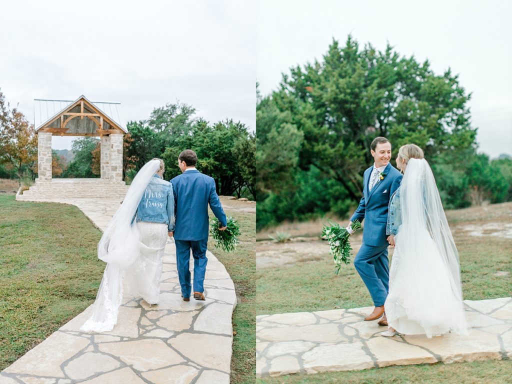 bride and groom walking at Five Oaks Farm