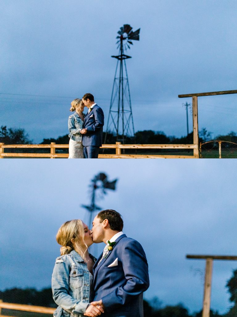 Bride and groom kissing on Five Oaks Farm ranch