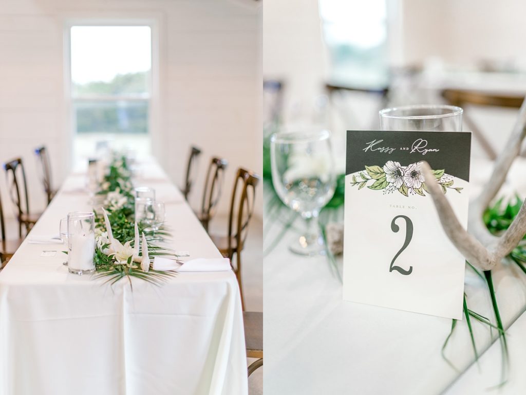 white and green wedding table at Five Oaks Farm