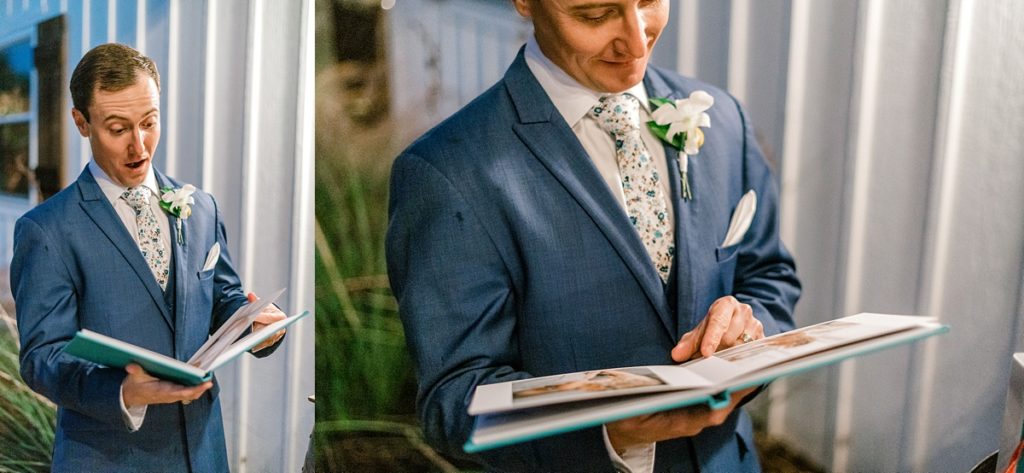 groom looking at gift from bride