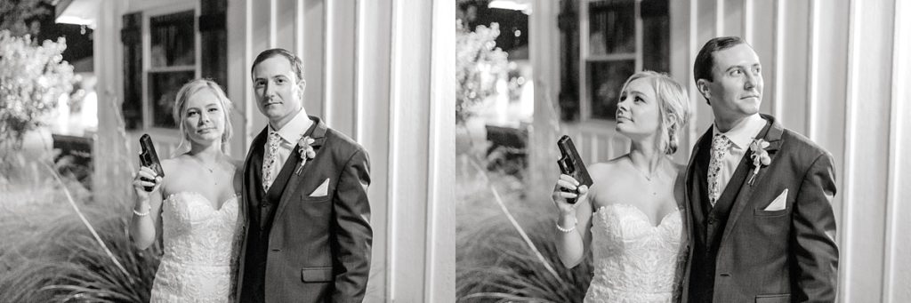 BW bride holding gun standing next to groom Bonnie & Clyde