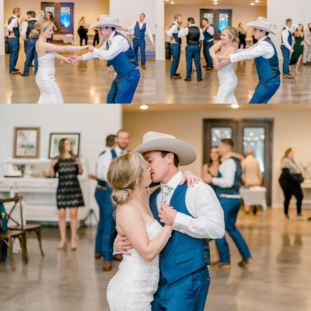 bride and groom kissing on dance floor at Five Oaks Farm