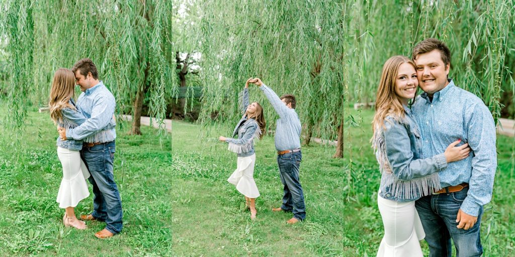 couple dancing under willow tree in Airfield Falls Texas engagement
