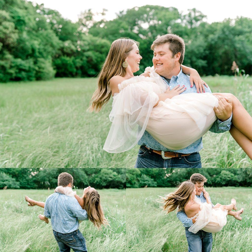 guy spinning girl around in field in airfield falls Texas engagment